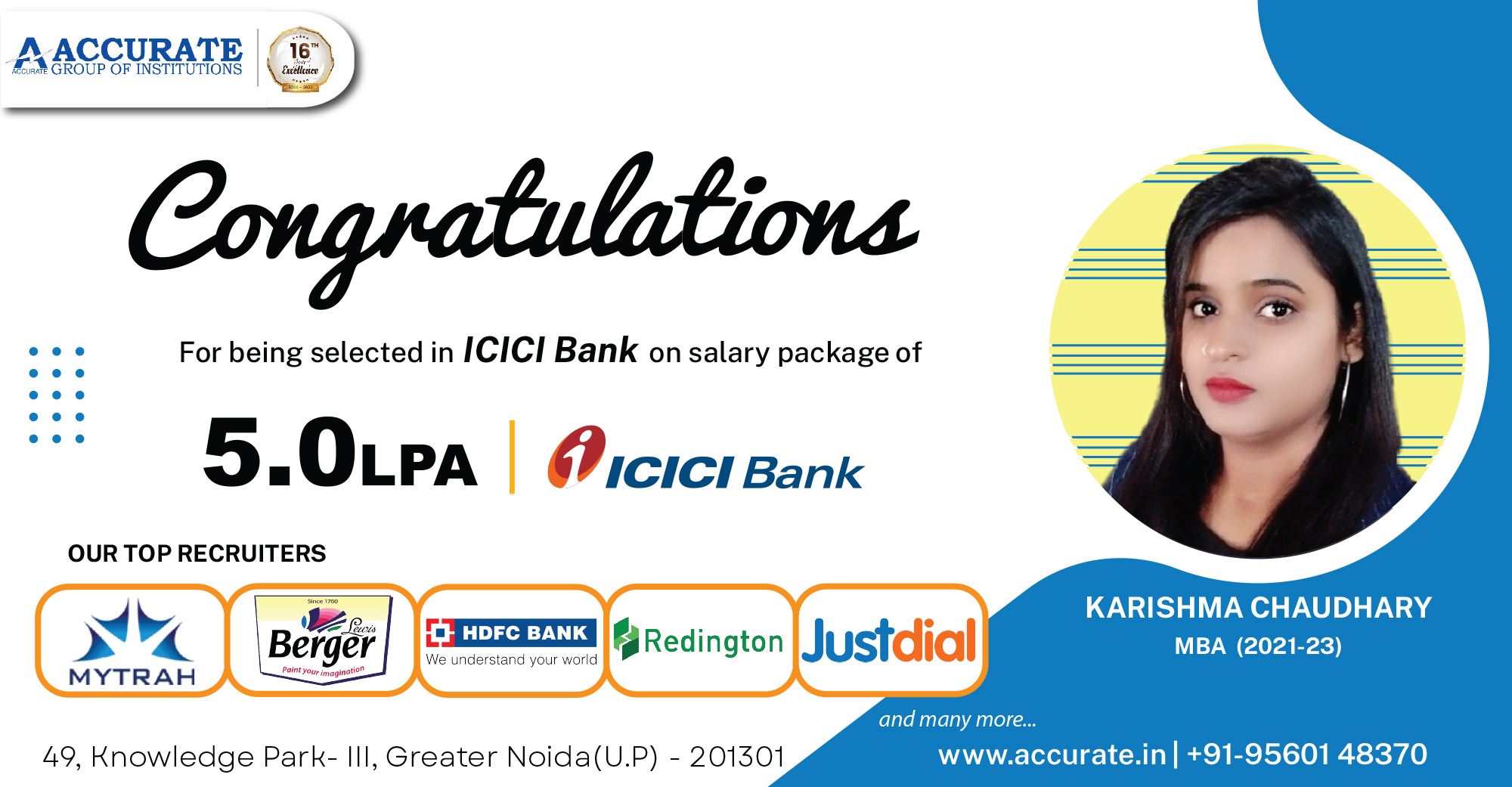 Karishma Chaudhary selected by ICICI Bank